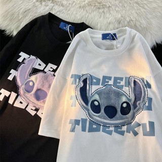 เสื้อยืดแขนสั้น ปักลาย Stitch Flocked สไตล์ฮิปฮอป สําหรับผู้ชาย และผู้หญิง
