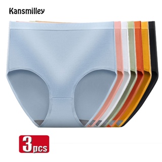 Kansmilley กางเกงชั้นใน ผ้าฝ้าย เอวสูง ระบายอากาศ สําหรับผู้หญิง 3 ชิ้น ต่อชุด
