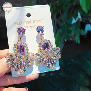 ahouur ต่างหูคริสตัลสีม่วงประดับดอกไม้ rhinestone stud earrings