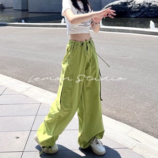 Lemon Studio กางเกงฝอ สีเขียว เสื้อผ้าแฟชั่นผู้หญิง กางเกงขากว้างเอวสูง   TJL014