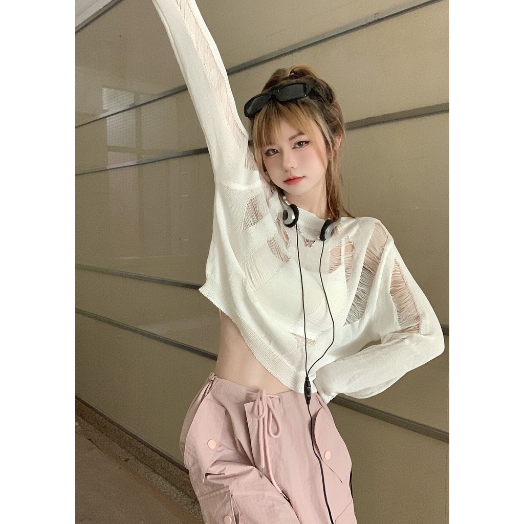 เสื้อจัมเปอร์แขนยาว-ผ้าเรยอน-ทรงหลวม-สุดเซ็กซี่-โชว์สะดือ-สําหรับผู้หญิง