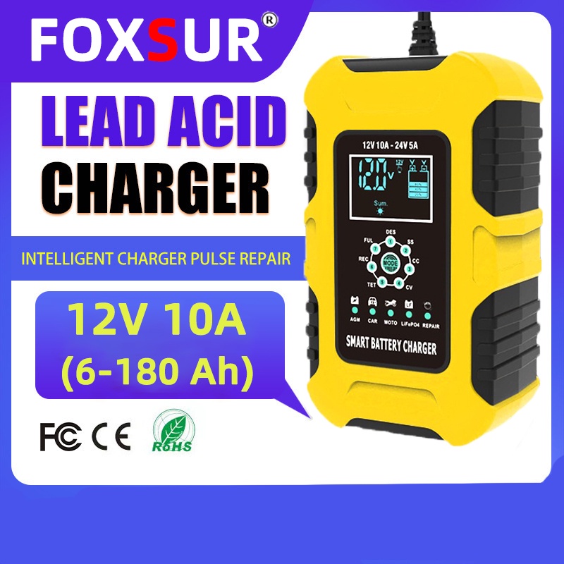 พร้อมส่ง-เครื่องชาร์จรถยนต์-foxsur-12v10a-รุ่นสมาร์ทชาร์จ-จอlcd-ใช้ได้ทั้งแบตรถยนต์-มอเตอร์ไซค์-รถบ้าน