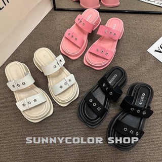 SUNNYCOLOR รองเท้าแตะมัฟฟินลําลอง หนัง PU ส้นกลาง สีพื้น เหมาะกับเดินชายหาด แฟชั่นฤดูร้อน 2023