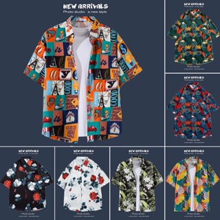 เสื้อเชิ้ตแขนสั้นลําลอง พิมพ์ลายนก ดอกไม้ ทรงหลวม สไตล์ฮาวาย เหมาะกับเดินชายหาด แฟชั่นวินเทจ สําหรับผู้ชาย