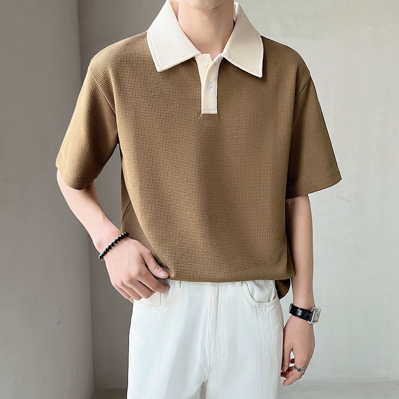 เสื้อโปโลแขนสั้น-คอปก-ทรงหลวม-ลายวาฟเฟิล-สไตล์เกาหลี-สําหรับผู้ชาย-slc27