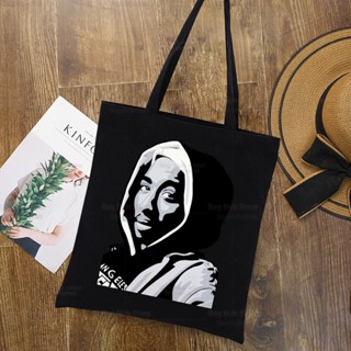 Tupac Shakur มาใหม่ กระเป๋าช้อปปิ้ง ผ้าแคนวาส สีดํา เรียบง่าย สําหรับเด็กผู้หญิง 2 แพ็ก WD5G