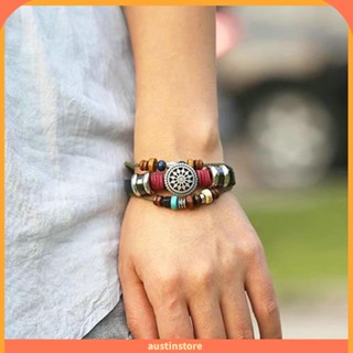 Austinstore โบโฮ ผู้หญิง หลายชั้น ลูกปัดทอ เชือกหนัง สร้อยข้อมือ ปรับได้ เครื่องประดับ