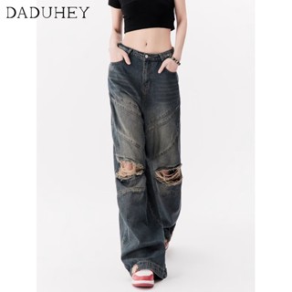 DaDuHey🎈 New American Style Ins High Street Retro Ripped Jeans Niche High Waist Loose Wide Leg Mop Casaul Pants