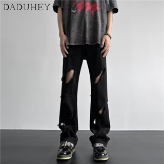 DaDuHey🔥 2023 New High Street Straight Ripped Jeans Mens American Retro Fashion Brand Wide-Legged Versatile Loose Casual Pants