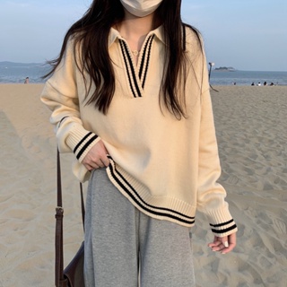 Xiao เสื้อกันหนาว คอปกโปโล ผ้าถัก ทรงหลวม เข้ากับทุกการแต่งกาย สไตล์เกาหลี แฟชั่นฤดูใบไม้ร่วง ฤดูหนาว สําหรับผู้หญิง UZQO