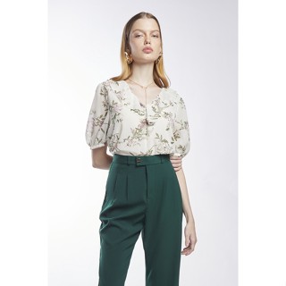 ESPADA เสื้อเบลาส์ลายฟลอรัลแต่งแขนพอง ผู้หญิง สีขาว | Floral Print Chiffon Blouse | 1015