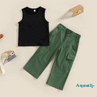 Aqq- เด็กทารก เด็กผู้หญิง ฤดูร้อน ชุดสีพื้น แขนกุด เสื้อกล้าม และชุดกางเกงคาร์โก้ ลําลอง ยืดหยุ่น