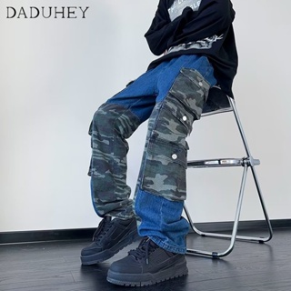 DaDuHey🔥 Mens Ins Fashionable All-Match Straight Casual Pants American-Style Retro High Street Multi-Pocket Slim Fit Patchwork Jeans