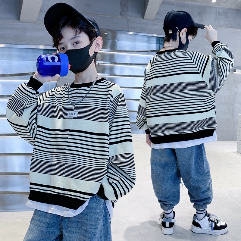 เสื้อกันหนาว-คอกลม-แขนยาว-ลายทาง-สไตล์ญี่ปุ่น-และเกาหลี-สําหรับเด็กผู้ชาย-120-170-ซม