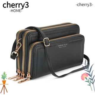 Cherry3 กระเป๋าสตางค์หนัง PU กระเป๋าถือ สะพายไหล่ ใส่โทรศัพท์มือถือได้ สีดํา สําหรับผู้หญิง