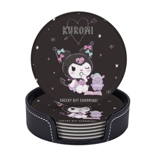 Sanrio Kuromi ที่รองแก้วหนัง ทรงกลม กันเปื้อน ป้องกันน้ําร้อนลวก สําหรับร้านอาหาร ห้องครัว สํานักงาน และอื่น ๆ 6 ชิ้น