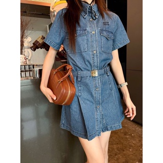 HEMY MIU MIU 2023 autumn and winter New letter embroidery logo niche design fashion lapel short sleeve denim dress