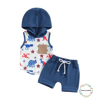Babyclothes- ชุดเสื้อแขนกุด มีฮู้ด พิมพ์ลายไดโนเสาร์ พร้อมกางเกงขาสั้น สําหรับเด็กผู้ชาย 4 กรกฎาคม