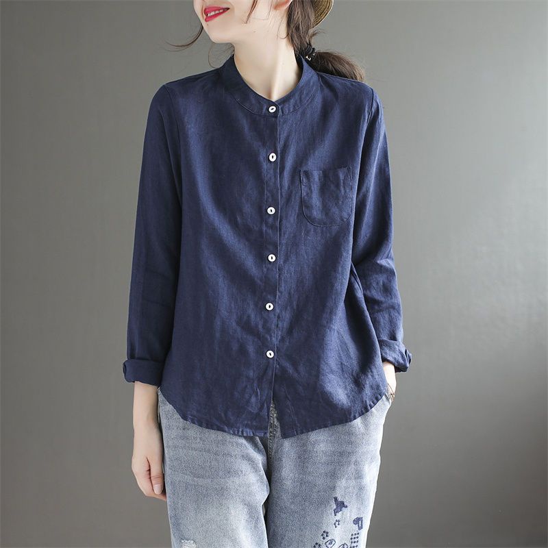 เสื้อเบลาส์ลําลอง ผ้าฝ้าย และผ้าลินิน แขนยาว ทรงหลวม สีพื้น สําหรับ ...