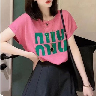 เสื้อยืดแขนสั้น ผ้าถัก เข้ารูป พิมพ์ลายตัวอักษร สไตล์เกาหลี เหมาะกับฤดูร้อน