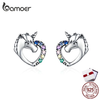 BAMOER Lucky Licorne Stud Earrings for Girl Multicolor Horse Ear Studs 925 Sterling Silver
