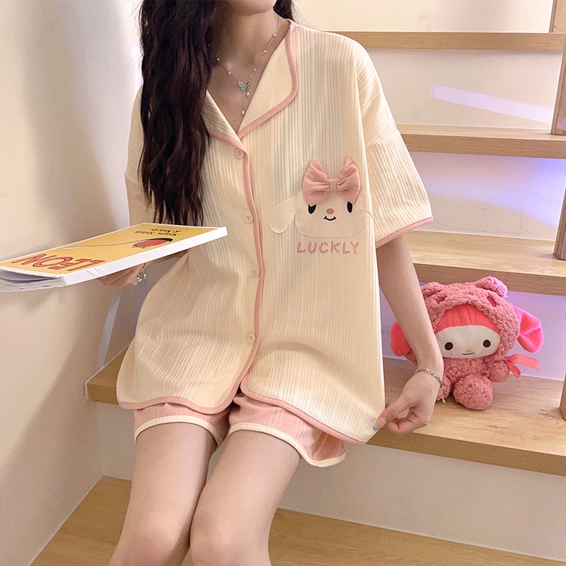 summer-new-imitation-cotton-pajamas-womens-short-sleeved-simple-cartoon-sweet-and-lovely-home-service