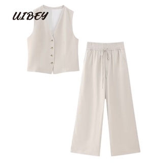 Uibey เสื้อแขนกุด คอวี + กางเกงเอวสูง แนวตั้ง แฟชั่น 3757