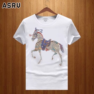 ASRV เสื้อยืด 2023 แบรนด์อินเทรนด์สี 3D เพชรพิมพ์ม้าแขนสั้นเสื้อยืดชายวัยรุ่นขนาดใหญ่บางครึ่งแขน