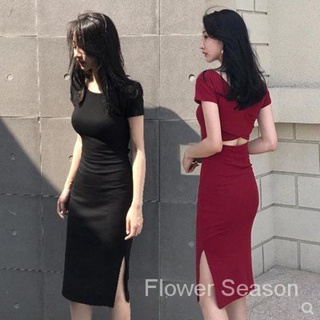 ✨Flower Season✨2023 ฤดูใบไม้ผลิฤดูร้อนใหม่เกาหลีรุ่น ins กระเป๋ากระโปรงสะโพกเซ็กซี่กลางยาวเปิดแขนสั้นเดรสสำหรับผู้หญิง Y2K SB8209