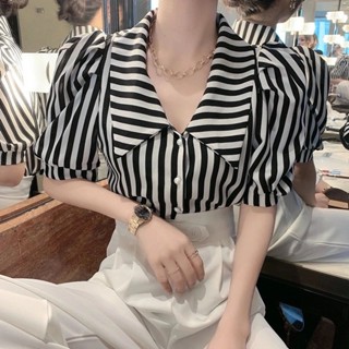 เสื้อเชิ้ตแขนสั้น แขนพัฟ ลายทาง ทรงหลวม สไตล์เรโทร เหมาะกับฤดูร้อน สําหรับผู้หญิง