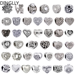 Dinglly ลูกปัดอัลลอย สีเงิน ประดับพลอยเทียม รูปหัวใจ สีขาว สําหรับทําเครื่องประดับ Diy
