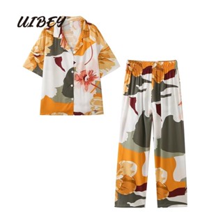 Uibey เสื้อเชิ้ต แขนสั้น พิมพ์ลาย + กางเกง แฟชั่น 121