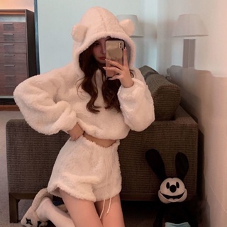 Plush Sweat Womens Ins Fashionable Slim-fit Vintage Thickened Short High Waist Bear Hooded Top 2022 Autumn and Winter New