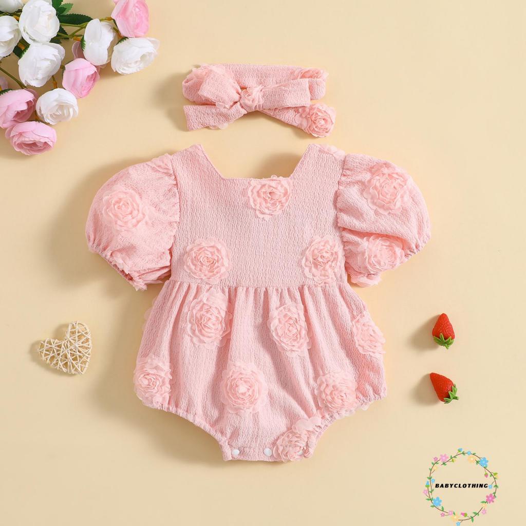 babyclothes-ชุดจั๊มสูทรอมเปอร์-แขนสั้น-คอสี่เหลี่ยม-ลายดอกไม้-3d-พร้อมที่คาดผม-สําหรับเด็กทารกผู้หญิง