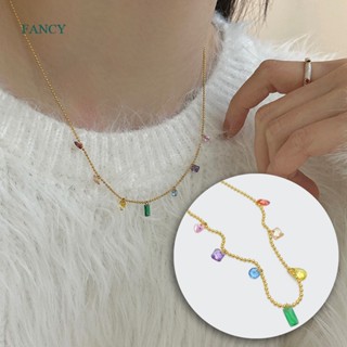 Fancy สร้อยคอโซ่ เหล็กไทเทเนียม จี้รูปหยดน้ํา สีรุ้ง ประดับเพทาย หรูหรา เครื่องประดับ สําหรับงานแต่งงาน