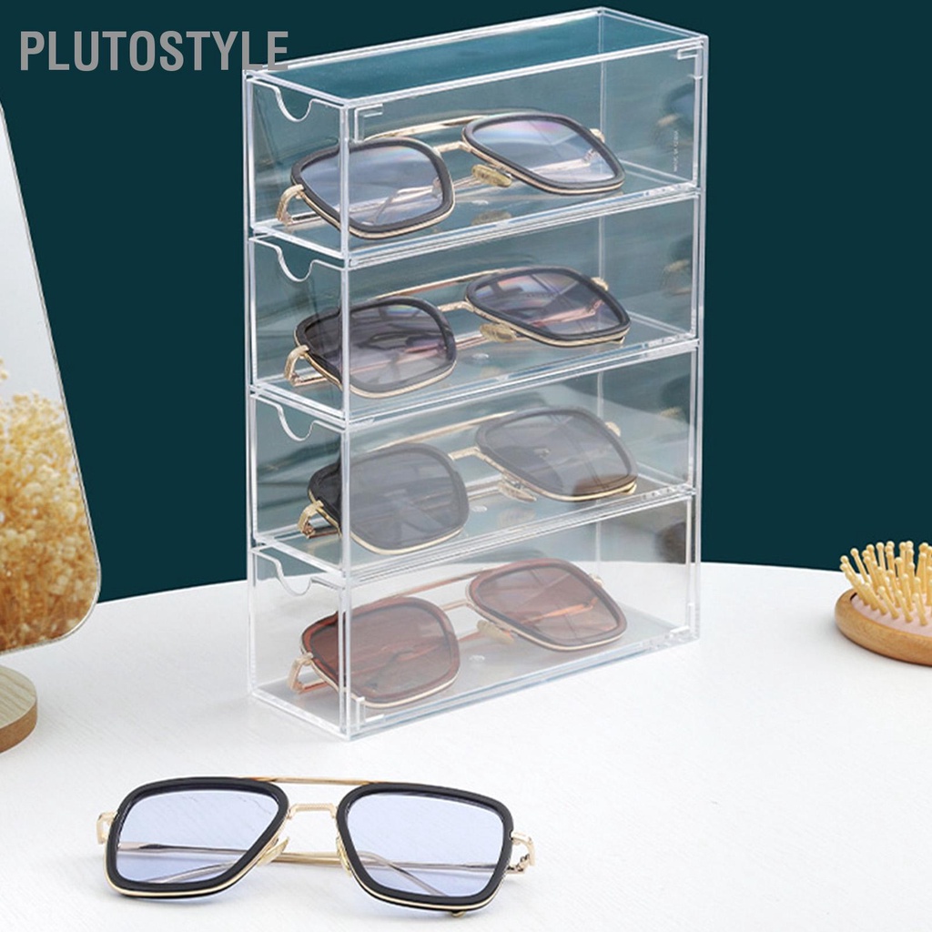 plutostyle-กล่องเก็บแว่นตา-4-ชั้นวางซ้อนกันได้ใสแว่นกันแดดออแกไนเซอร์สำหรับห้องนอนสำนักงาน