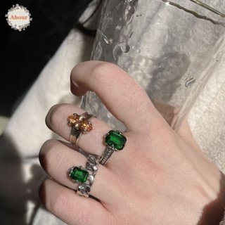 AHOUR Green Crystal Rhinestone Adjustable Ring Oval Party Jewelry Metal Rings Creative Trend Finger Rings Rectangle Exquisite INS Fashion Accessories