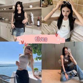 Elves✨พร้อมส่ง✨ เสื้อกล้ามไหมพรม คอกลม ดีเทลD ตรงกลางเท่มาก ~6585~ -C