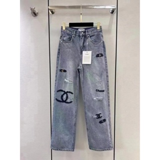 Q8TU CHANEL Womens new wide leg jeans double C embroidery heavy industry high quality South oil