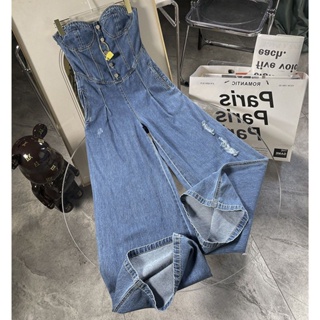 Waist wipe chest straight denim jumpsuit girls 2022 spring and summer new retro Hong Kong flavor light ripe style trousers