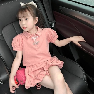【ชุดเซ็ทเด็กผู้หญิง】สาวฤดูร้อนชุด 2023 ใหม่ล่าสุดเกาหลีรุ่น POLO คอกางเกงขาสั้นแขนสั้นแฟชั่นบางสองชิ้น