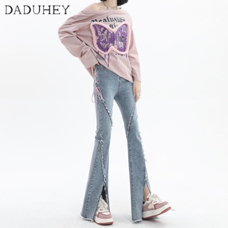 DaDuHey🎈 New Korean Style Ins Raw Edge Strap Slit Jeans High Waist Women Casual Mop Micro Flared Trousers