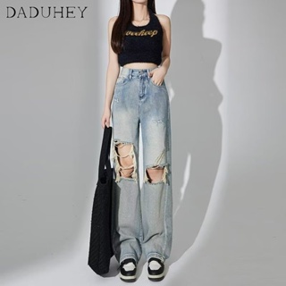DaDuHey🎈 2023 Korean Style Ins Womens Summer Jeans Loose Straight Zipper Washed All-Match Wide Leg Casual Straight Mop Pants
