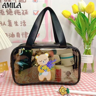 AMILA เวอร์ชั่นเกาหลีใส PVC หมีการ์ตูนกระเป๋าเครื่องสำอางความจุขนาดใหญ่ใสกันน้ำกระเป๋าเก็บของเดินทางแบบพกพา