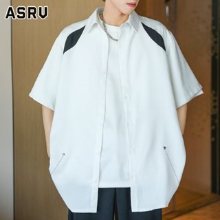 ASRV บล็อกสีแขนสั้นผู้ชายอินเทรนด์แบรนด์หล่อสบาย ๆ หนึ่งนิ้วเสื้อผ้าบางส่วนเสื้อเชิ้ตสีขาวเรียบง่ายสไตล์ญี่ปุ่นระดับไฮเอนด์