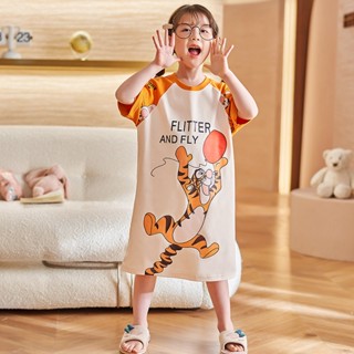 Summer new short-sleeved cotton childrens nightdress Childrens cute cartoon tiger home clothes