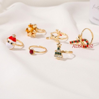 Alisondz แหวนผู้หญิง สุขสันต์วันปีใหม่ น่ารัก ซานต้า ต้นคริสต์มาส 6 ชิ้น / เซต การ์ตูนที่มีเสน่ห์