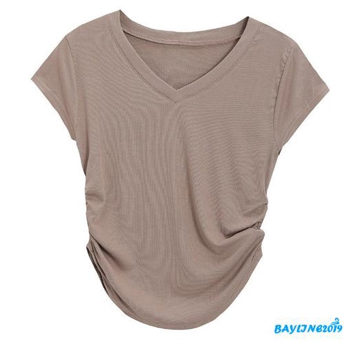 bay-เสื้อยืดลําลอง-คอวี-แขนทรงโค้ง-เข้ารูป-สีพื้น-สไตล์สตรีท-เหมาะกับฤดูร้อน-สําหรับสตรี