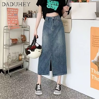 DaDuHey🎈 Korean Style Women Summer 2023 New Retro Denim Skirt Mid-Length Sliding A-Line Dress Split Skirt