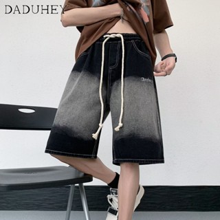 DaDuHey🔥 American Fashion Loose Street Sports Denim Shorts Mens 2023 Summer Vibe Style Straight Drawstring All-Match Cropped Pants